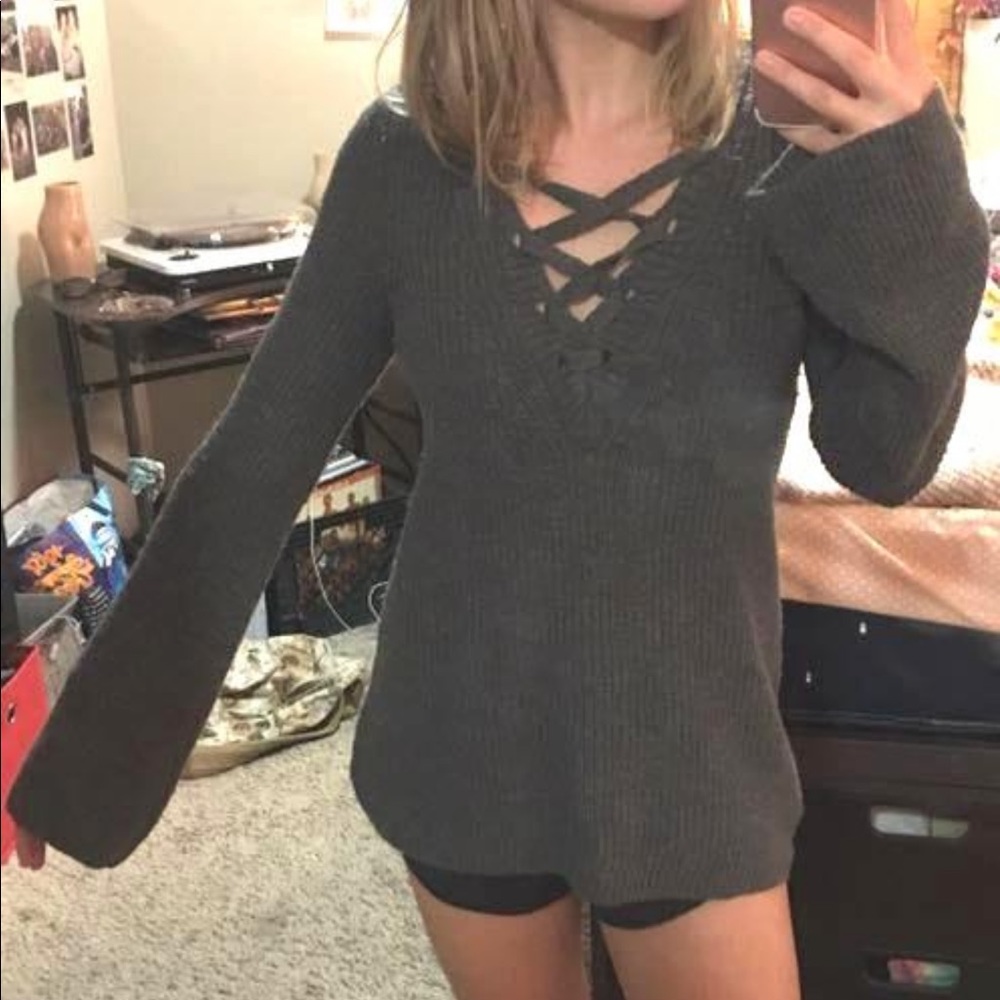 Grey Lace Up Sweater